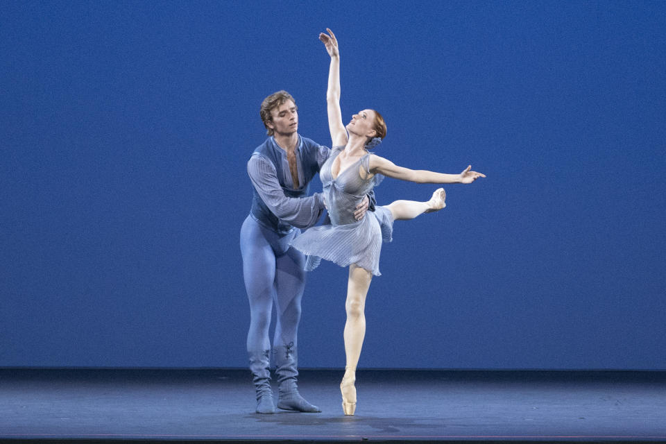 American Ballet Theatre dancers Gillian Murphy, right, and Aran Bell perform "Other Dances" by Jerome Robbins during the BAAND Together Dance Festival, Tuesday, July 25, 2023, at Lincoln Center in New York. (AP Photo/Mary Altaffer)