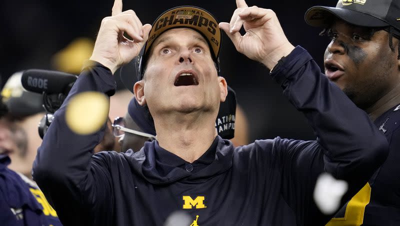 Michigan head coach Jim Harbaugh celebrates after their win against Washington in the national championship NCAA College Football Playoff game Monday, Jan. 8, 2024, in Houston.