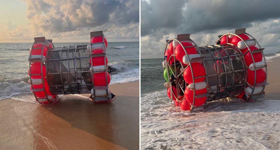 A large floatation device called a hydro pod washed up on a beach in Florida.