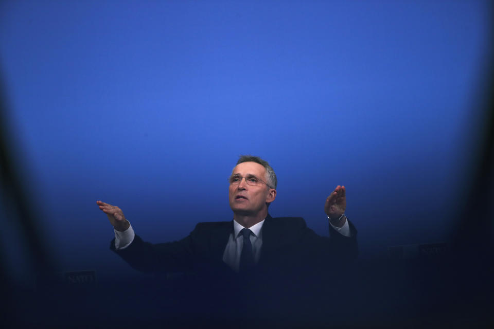 NATO Secretary General Jens Stoltenberg gestures as he answers questions during a news conference at NATO headquarters in Brussels, Tuesday, Nov. 19, 2019. The presser is ahead of a meeting of NATO Foreign Ministers to focus on defense spending, terrorism, and continued tense ties with Russia. (AP Photo/Francisco Seco)