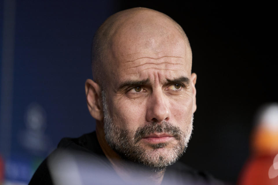 MADRID, SPAIN - 2020/02/25: Pep Guardiola coach of Manchester City attends the Manchester City Press Conference at Santiago Bernabeu Stadium in Madrid. (Photo by Legan P. Mace/SOPA Images/LightRocket via Getty Images)