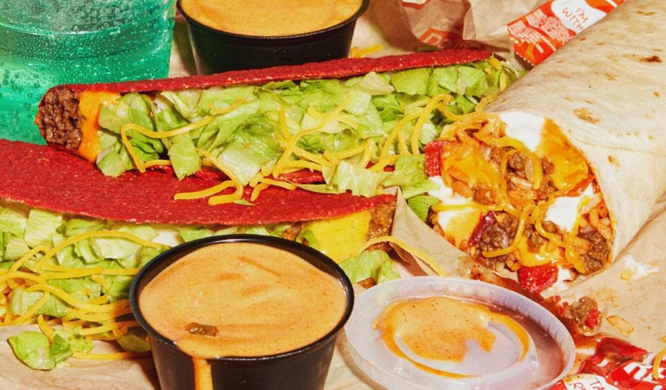 Taco Bell is bringing back its Volcano Menu for a limited time starting June 27 for Taco Bell Rewards members and June 29 for all customers. You can get the Volcano Taco and Double Beef Volcano Burrito (shown here), with Lava Sauce on board, plus Lava Sauce with any menu item for $1.