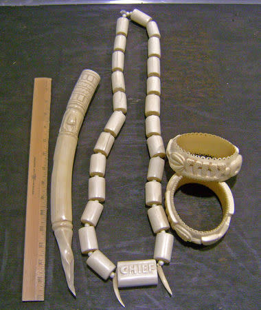 Several pieces of jewelry made of banned African elephant tusk ivory from Nigerian man at Baltimore Washington International Thurgood Marshall Airport in Maryland, U.S. are shown after its confiscation on May 1, 2013. Courtesy CBP/Handout via REUTERS