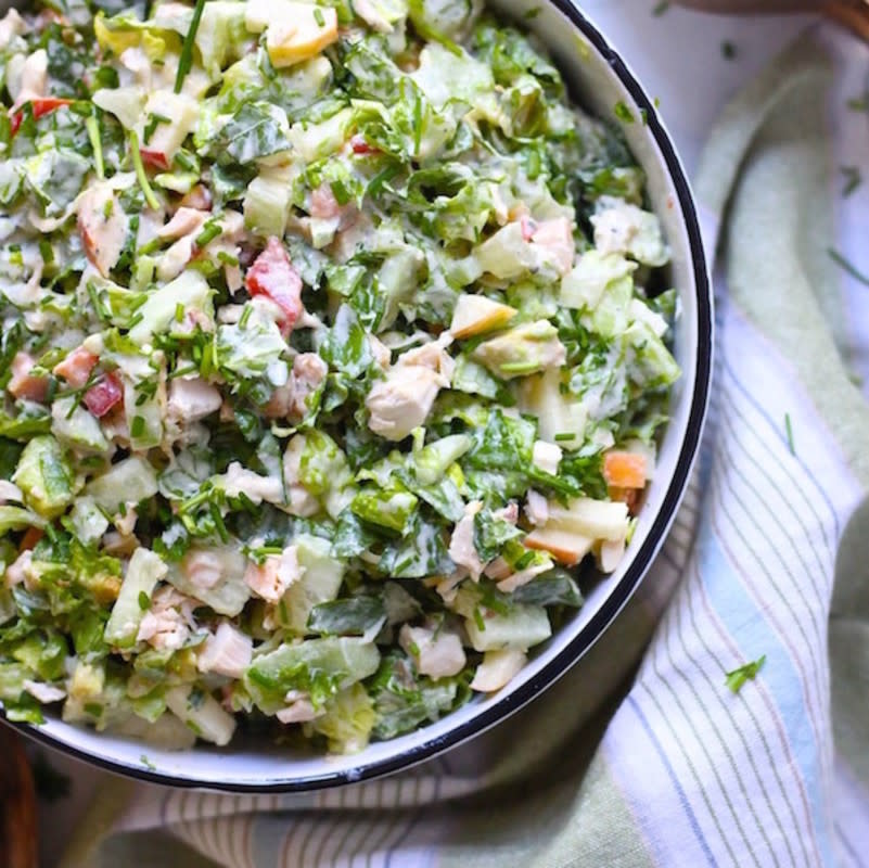 <p>The Organic Kitchen</p><p>This easy chicken salad is the perfect prep-ahead dish for your party!</p><p><strong>Get the recipe: <a href="http://www.theorganickitchen.org/chopped-chicken-salad-with-ranch-whole-30-paleo/" rel="nofollow noopener" target="_blank" data-ylk="slk:Chopped Chicken Salad with Ranch;elm:context_link;itc:0;sec:content-canvas" class="link ">Chopped Chicken Salad with Ranch</a></strong></p>