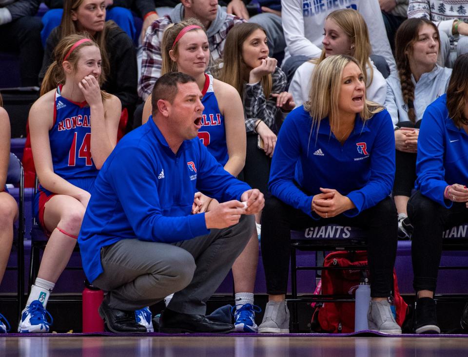 Roncalli High School head coach Jason Sims reacts to the action on the court during the second half of a Marion County Girls’ Basketball Championship game, Saturday, Dec. 11, 2021, at Ben Davis High School. North Central High School won, 72-29.