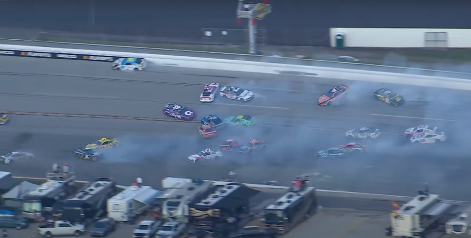 28 cars spinning on the back stretch of talladega