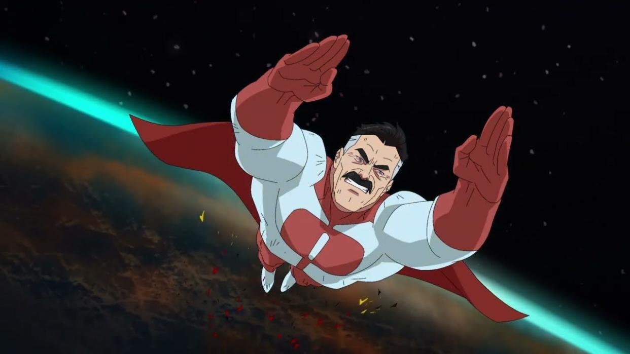  Omni-Man, voiced by J. K. Simmons, flies through space in an image from Invincible season 2. 