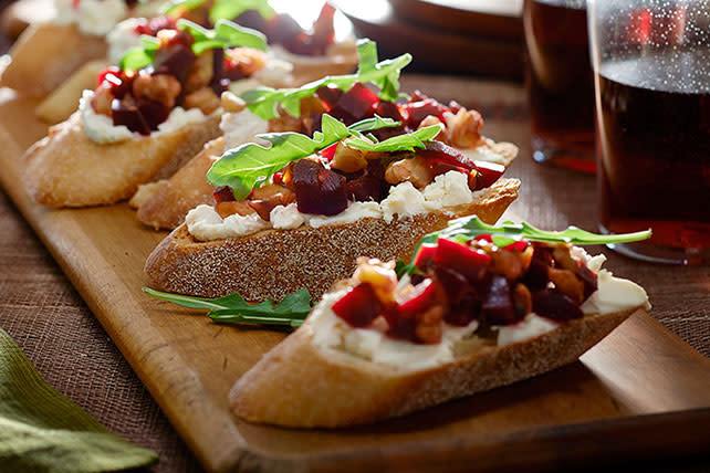 Crostini with feta is a blank slate for anything sweet or savory you want to add as a topper.