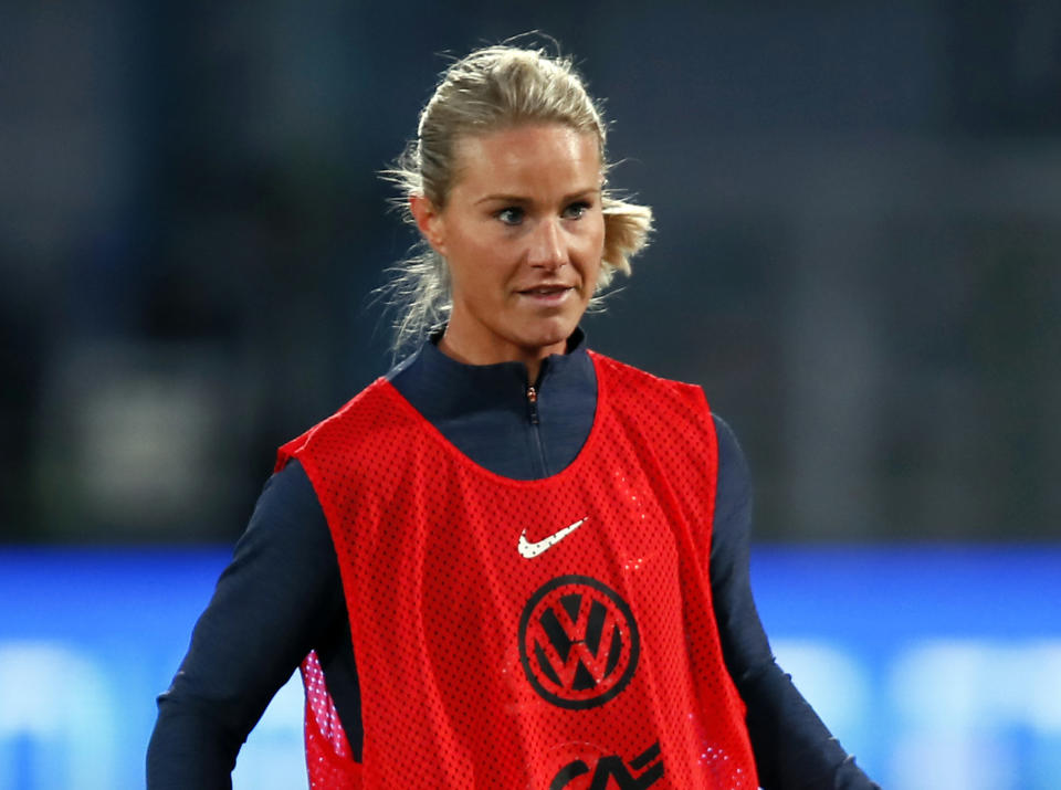 FILE - In this Thursday, April 4, 2019 file photo, France's Amandine Henry attends a training session at the Abbe Deschamps stadium, in Auxerre, central France. With an experienced side featuring seven players from the Lyon side which recently won the Champions League for the fourth straight year, host France will be among the favorites for the Women's World Cup. Among the seven Lyon players coach Corinne Diacre can count on are imposing center half Wendie Renard and midfield schemer Amandine Henry, who will captain France. (AP Photo/Francois Mori, file)