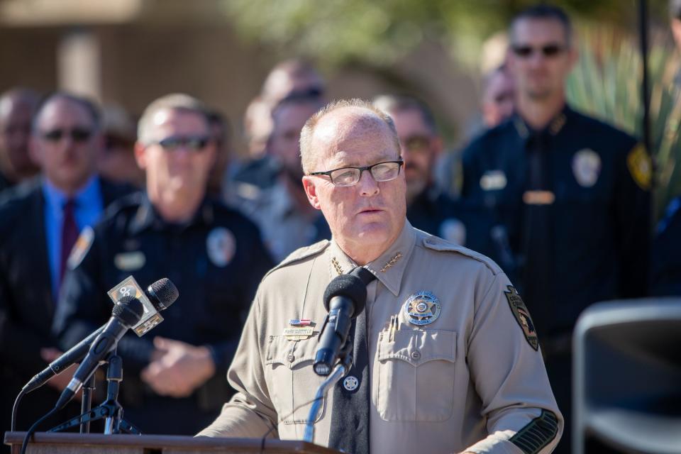 Cochise County Sheriff Mark Dannels speaks at the Governor's Office of Highway Safety's DUI Task Force Launch at the Capitol in Phoenix on Dec. 2, 2021.