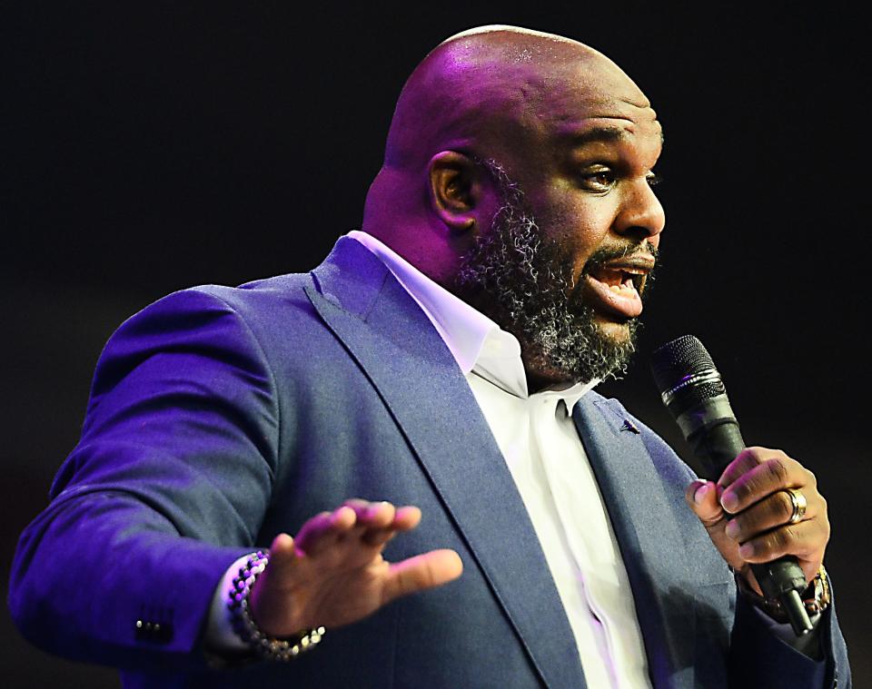 After being hospitalized, Relentless Church pastor John Gray returned to church services in Greenville on Sunday.