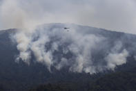 A Lebanese army helicopter flies over a forest fire on an extinguishing mission, at Qobayat village, in the northern Akkar province, Lebanon, Thursday, July 29, 2021. Lebanese firefighters are struggling for the second day to contain wildfires in the country's north that have spread across the border into Syria, civil defense officials in both countries said Thursday. (AP Photo/Hussein Malla)