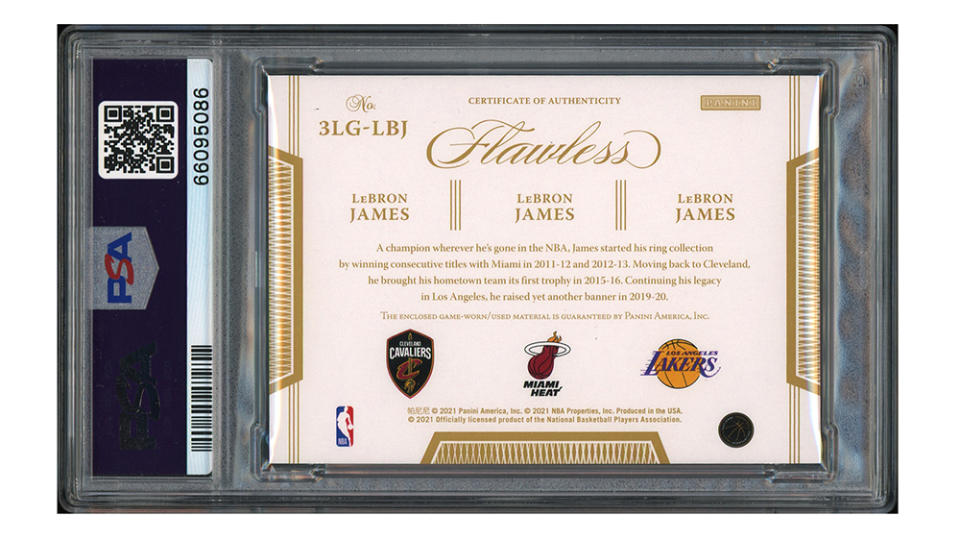 The back of the LeBron James Panini Triple Logoman trading card