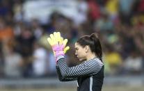 <p>Hope Solo (USA) of U.S. reacts. REUTERS/Mariana Bazo </p>