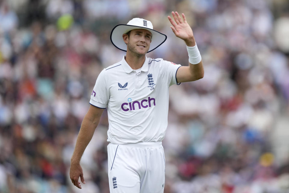 England's Stuart Broad waves towards the stands on day four of the fifth Ashes Test match between England and Australia, at The Oval cricket ground in London, Sunday, July 30, 2023. (AP Photo/Kirsty Wigglesworth)