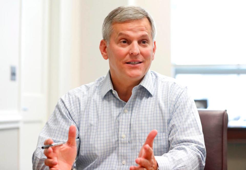 Attorney General Josh Stein meets with his top aides in the North Carolina Department of Justice in Stein’s office in Raleigh, N.C., Thursday, July 29, 2021.