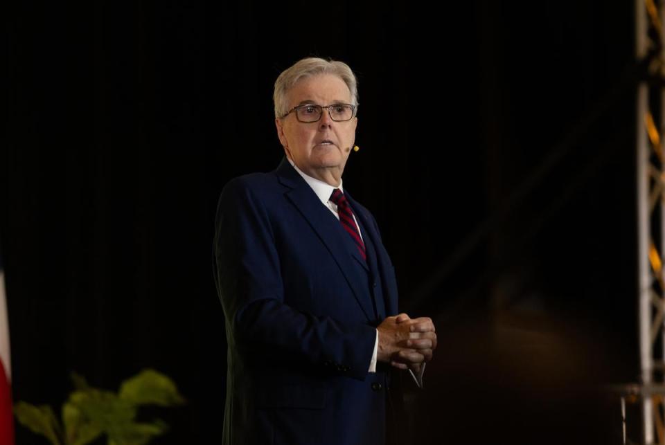 Lt. Gov. Dan Patrick speaks during a keynote lunch at the Texas Public Policy Foundation Texas Policy Summit 2024 at the AT&T Hotel & Conference Center in Austin, TX on Mar. 21, 2024. Lt. Gov. Patrick spoke on policies regarding energy, border control, school choice and taxes.