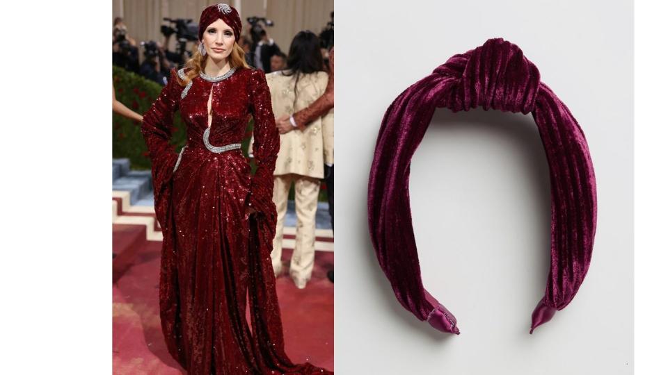 At left, Jessica Chastain dressed in scarlet sequined gown wears a matching turban with an ornate clasp. At right, scarlet velvet Armelle headband, $24.95, from Morgan & Taylor,