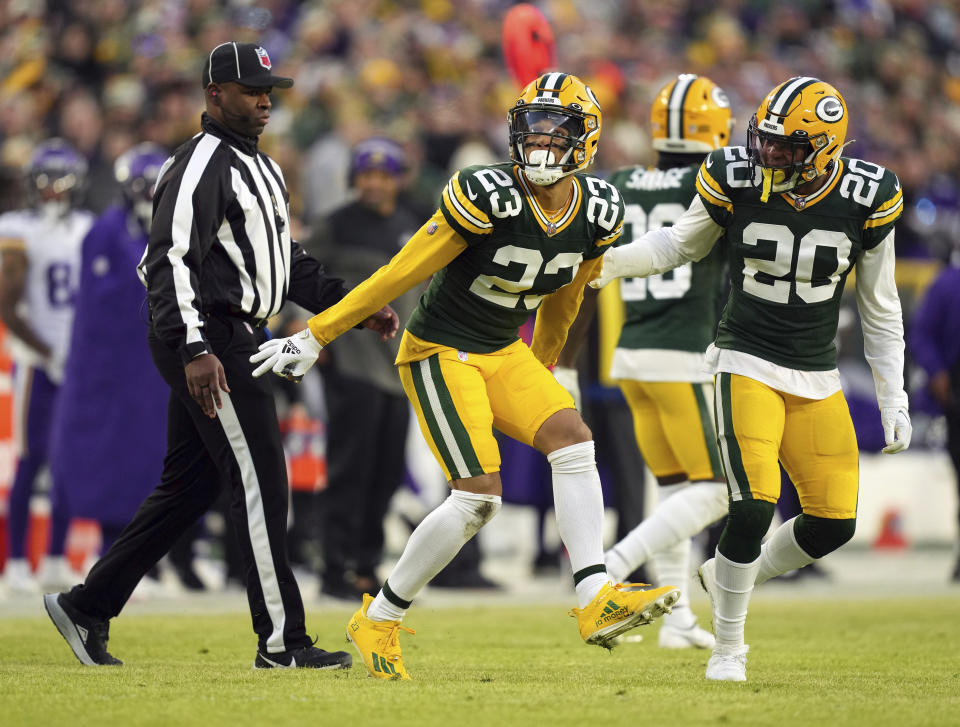 Green Bay Packers cornerback Jaire Alexander (23) dances after breaking up a pass meant for Minnesota Vikings wide receiver Justin Jefferson in the first quarter of an NFL football game in Green Bay, Wis., on Sunday, Jan. 1, 2023. (Anthony Souffle/Star Tribune via AP)