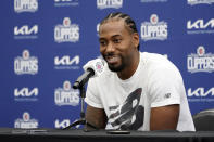 Los Angeles Clippers forward Kawhi Leonard fields questions during the NBA basketball team's Media Day, Monday, Sept. 26, 2022, in Los Angeles (AP Photo/Marcio Jose Sanchez)