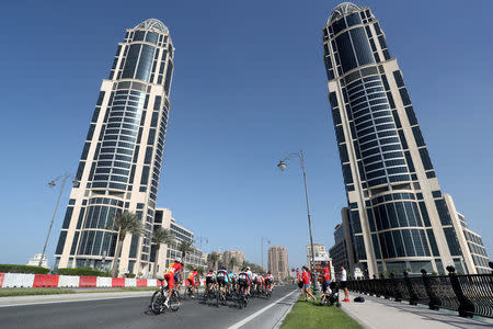 Cyclists compete during Men Elite Road Race in the UCI Road World Championships 2016, in Doha, Qatar October 16, 2016. REUTERS/Stringer/File Photo