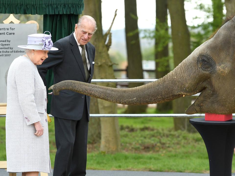 Queen Elizabeth and Prince Philip meet an elephant