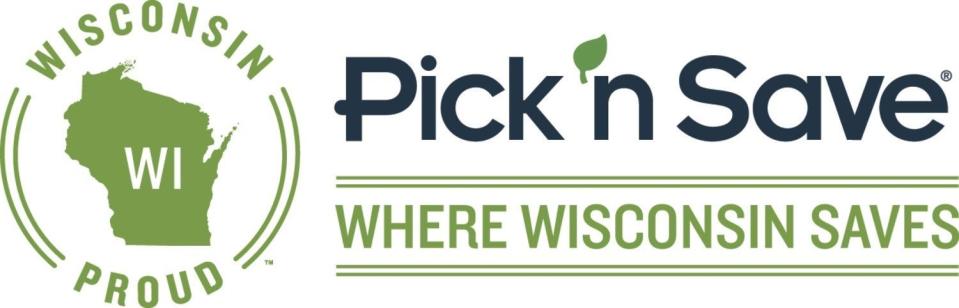 The Pick N' Save logo, featuring black-and-green letters, alongside a green outline of the state of Wisconsin surrounded by the words "Wisconsin Proud"