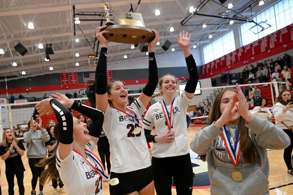 The Beaver Bobcats celebrate their 3-2 win over Freeport winning the Class 2A WPIAL volleyball championship Saturday at Peters Township High School.