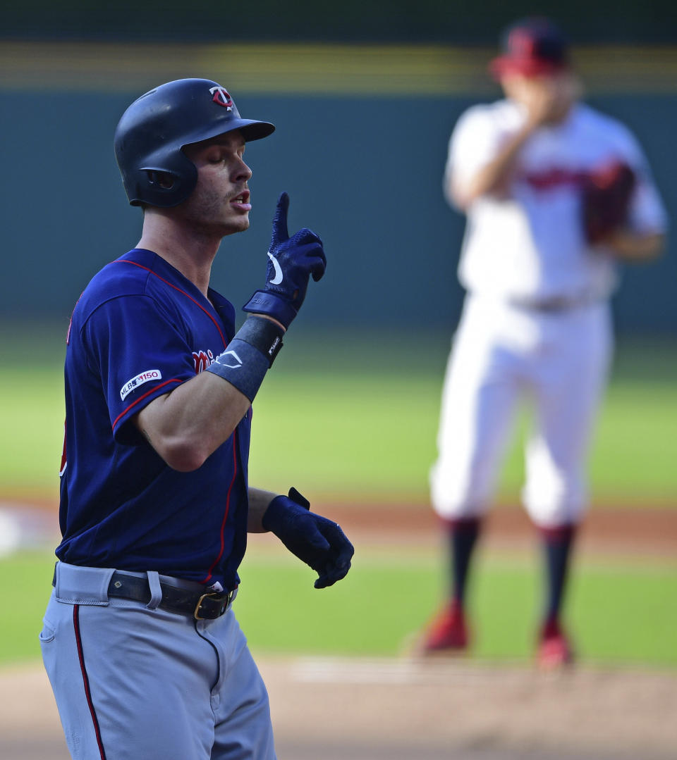 Minnesota Twins' Max Kepler celebrates after hitting a solo home run off Cleveland Indians starting pitcher Trevor Bauer in the first inning of a baseball game, Saturday, July 13, 2019, in Cleveland. (AP Photo/David Dermer)