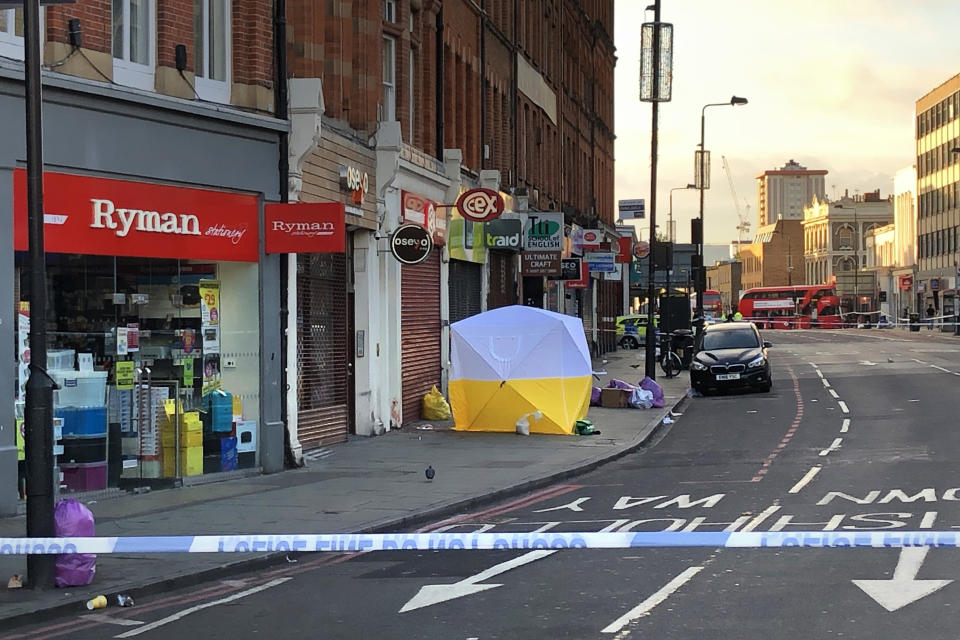 LONDON - SEPTEMBER 13:  A Police forensic tent is erected at the scene of a fatal stabbing in Camden on September 13, 2019 in London, England. Emergency services were called to the assault on Camden High Street late on Thursday evening. A man was pronounced dead at the scene and a second man was taken to hospital. (Photo by Jim Dyson/Getty Images)