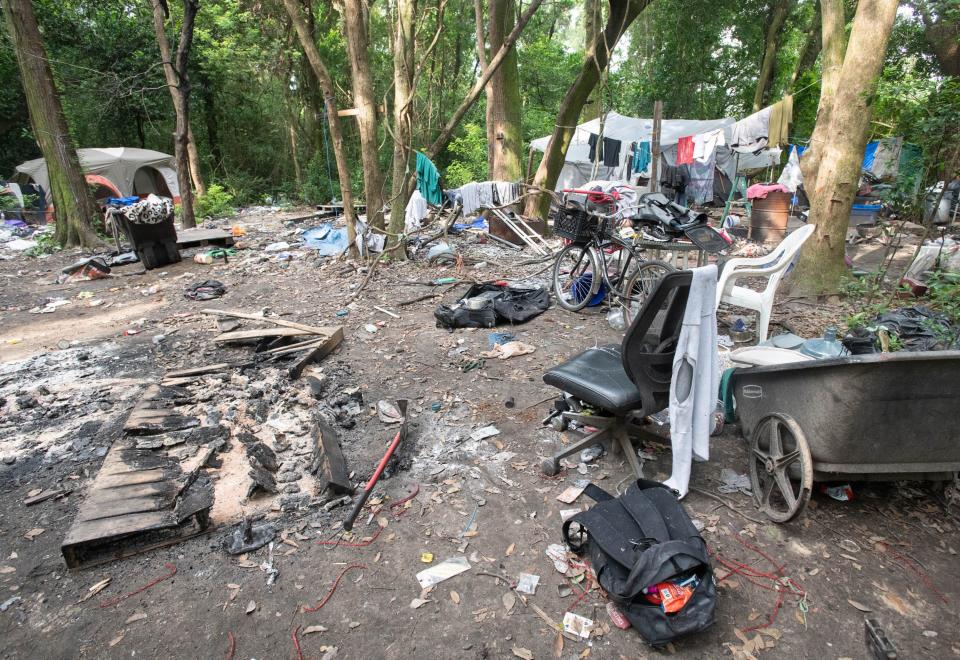 A homeless camp off Murphy Lane in Brent, seen here on July 19, 2023, has been mostly cleared, though a few stranglers have invoked "squatter's rights" and refused to leave.