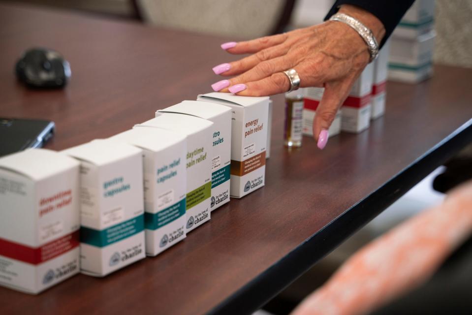 For the Love of Charlie cannabis company talks with seniors about the benefits of cannabis at Baldwin House Senior Living in Hazel Park on Wednesday, August 9, 2023.