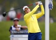 Aug 19, 2017; West Des Moines, IA, USA; Europe golfer Catriona Matthew tees off on the 4th hole during the second round morning session during The Solheim Cup international golf tournament at Des Moines Golf and Country Club. Mandatory Credit: Brian Spurlock-USA TODAY Sports