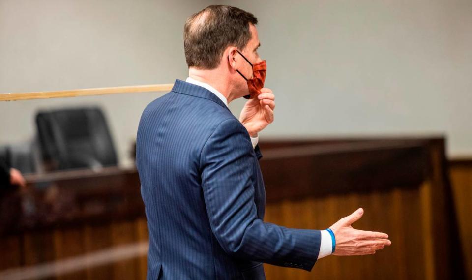 Attorney Jim OÕNeil argues that public records requested by The News & Observer should remain sealed during a hearing at the Forsyth County Courthouse in Winston-Salem Monday, Feb. 8, 2021. The records could shed light on the actions of deputies in Winston-Salem that led to the death of John Neville while in jail. Travis Long/tlong@newsobserver.com