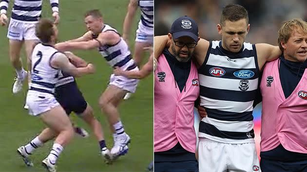 Selwood's sickening collision. Pic: Ch7