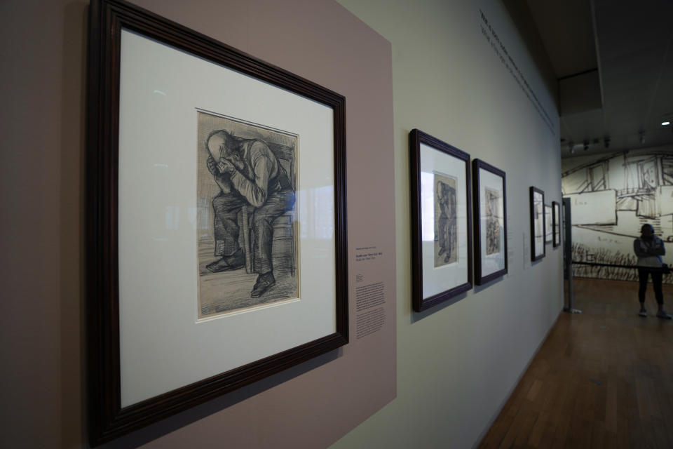 The Study for "Worn Out", a drawing by Dutch master Vincent van Gogh, dated Nov. 1882, goes on public display for the first time at the Van Gogh Museum in Amsterdam, Netherlands, Thursday, Sept. 16, 2021. (AP Photo/Peter Dejong)