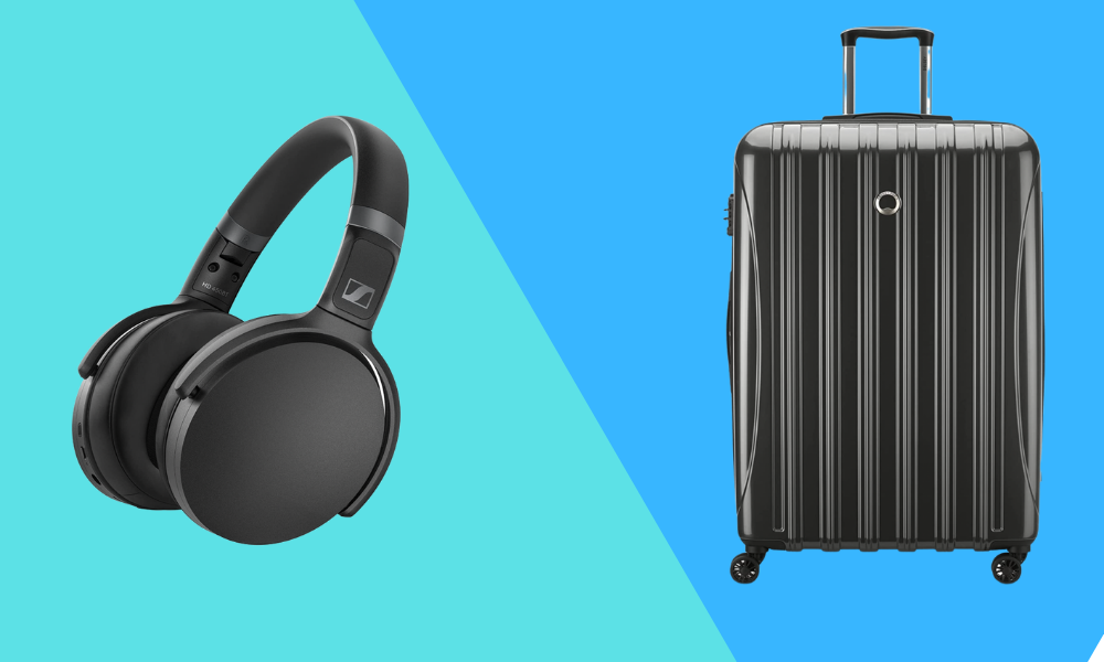 headphones, suitcase