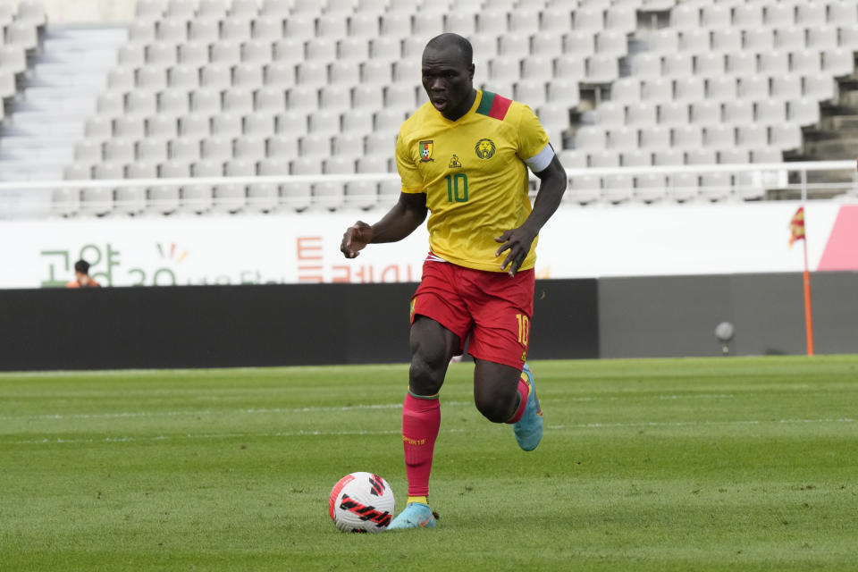 Cameroon's Vincent Aboubakar controls the ball during a friendly soccer match against Uzbekistan in Goyang, South Korea, Friday, Sept. 23, 2022. (AP Photo/Ahn Young-joon)