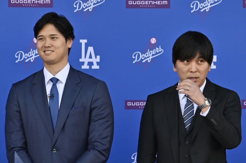 Los Angeles Dodgers designated hitter Shohei Ohtani (L) worked alongside interpreter Ippei Mizuhara through the first seven years of his MLB career. File Photo by Jim Ruymen/UPI