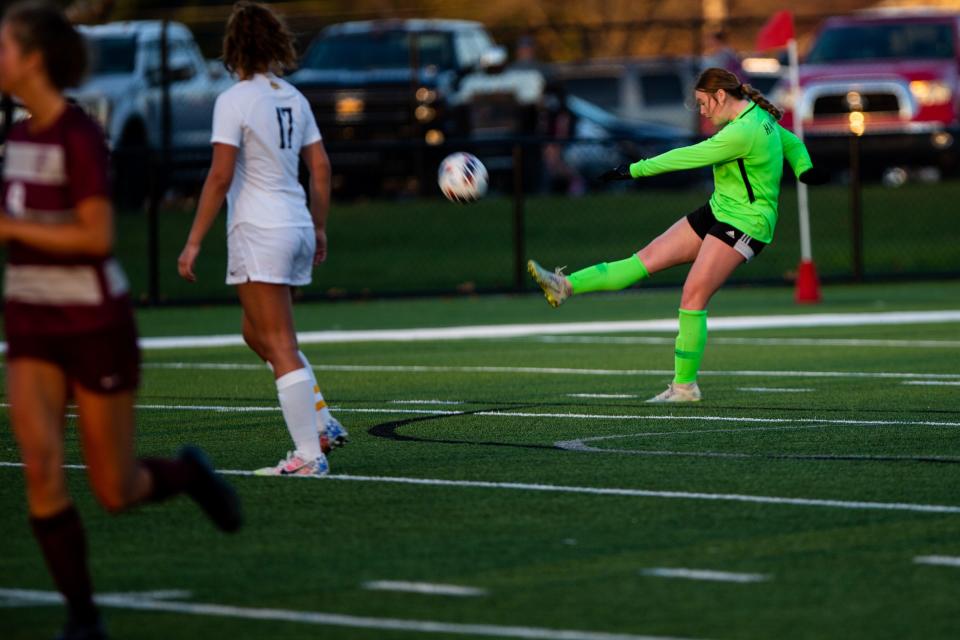 Hamilton goalie Emma-Lynn Gauthier clears the ball down the field Wednesday, April 12, 2023, at Holland Christian. 