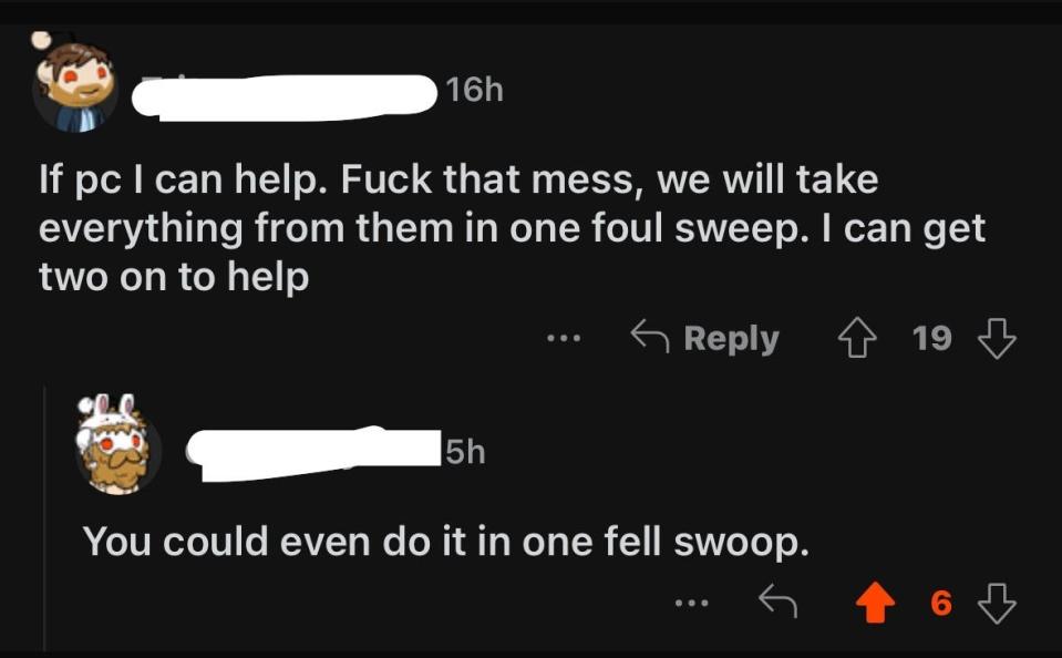 Comment thread from a social platform; two users discuss taking action, with one suggesting a 'foul sweep' and another punning 'fell swoop.'