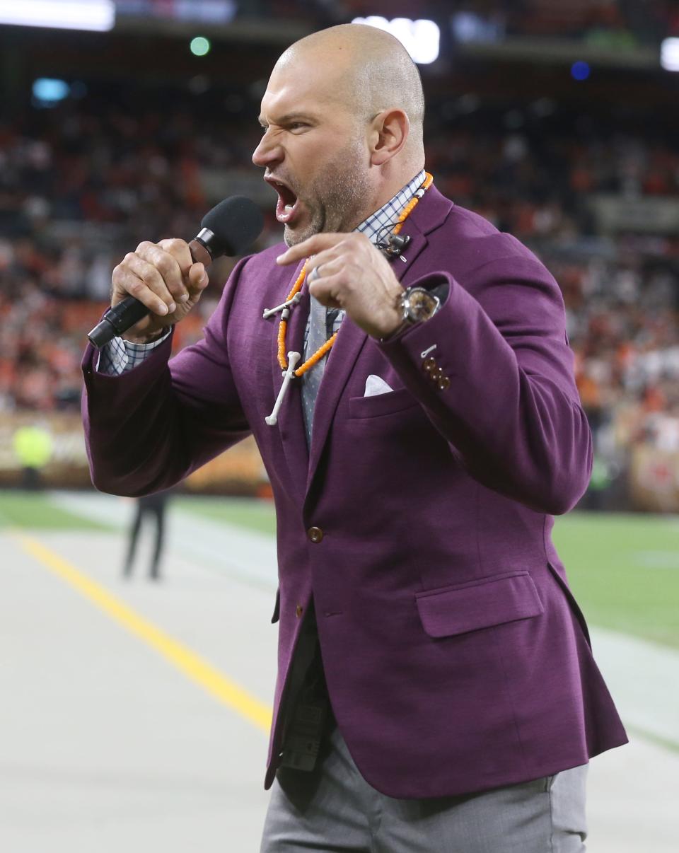 Former Cleveland Brown Joe Thomas gets the home town crowd revved up before the game against the Denver Broncos on Thursday, Oct. 21, 2021 in Cleveland, at FirstEnergy Stadium. The Browns won the game 17-14. [Phil Masturzo/ Beacon Journal]
