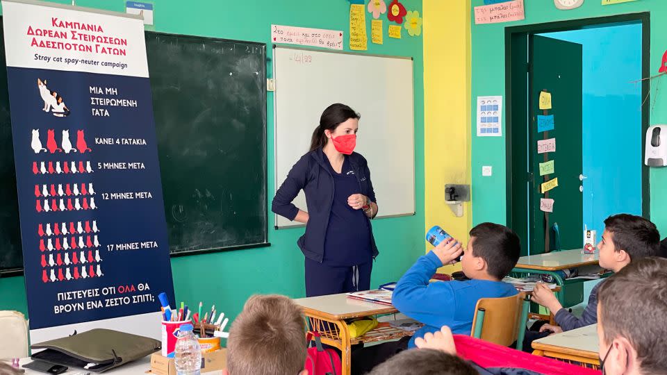 Katogiritis speaks to local elementary school students during a community outreach event on Karpathos island in 2022. - Courtesy Anna Katogiritis