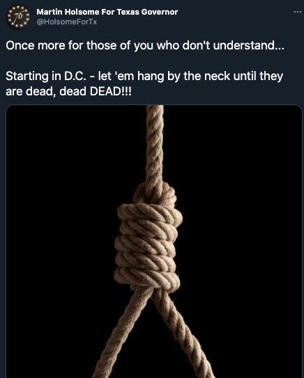 Martin Holsome, a city councilman in a small Texas town, posted a photo of a noose on his Twitter account, calling for killing people in Washington, D.C. (Photo: Twitter)