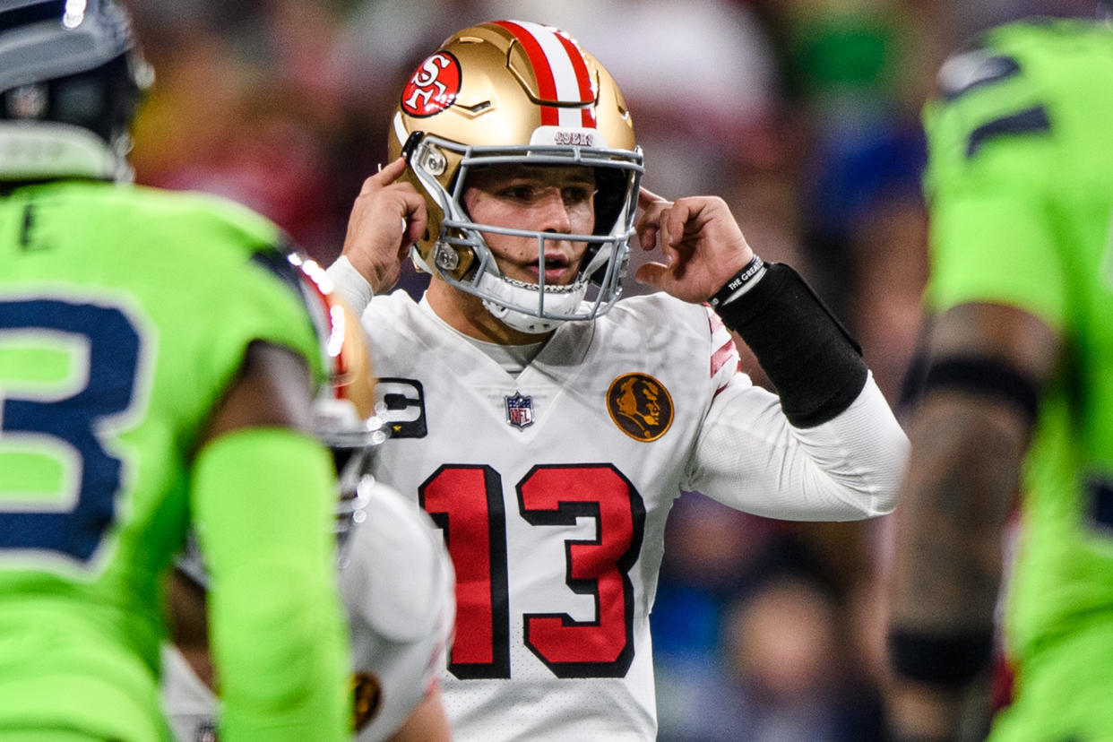 Brock Purdy is looking for revenge against the Eagles in Week 13. (Photo by Jane Gershovich/Getty Images)