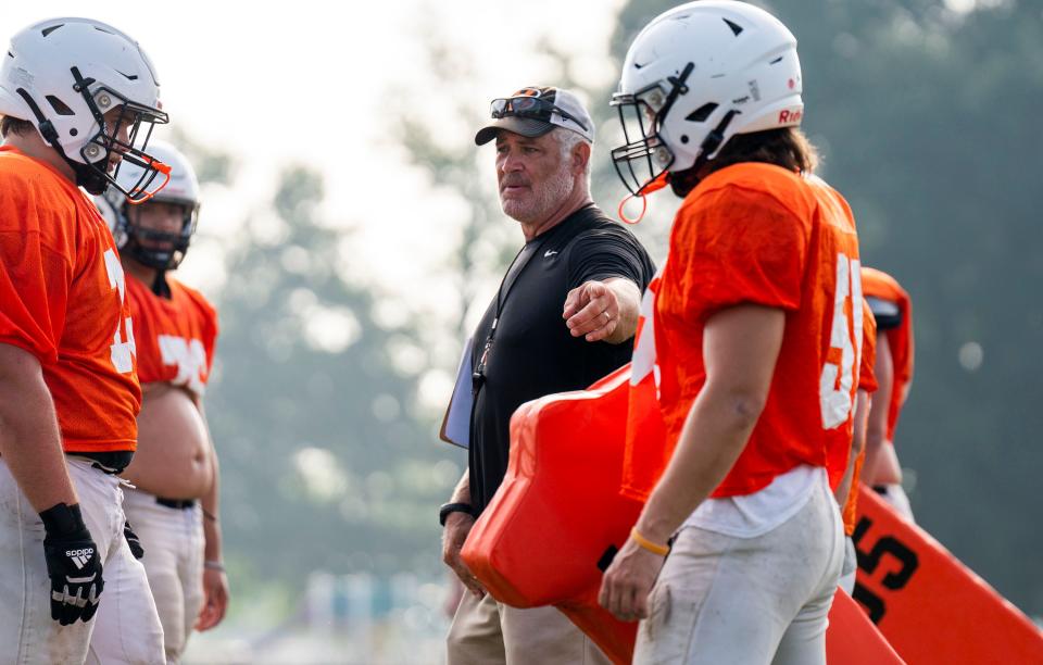 Pennsbury football team's head coach Galen Snyder directs the team as they practice ahead of the 23-24 season in Fairless Hills on Thursday, Aug. 17, 2023.