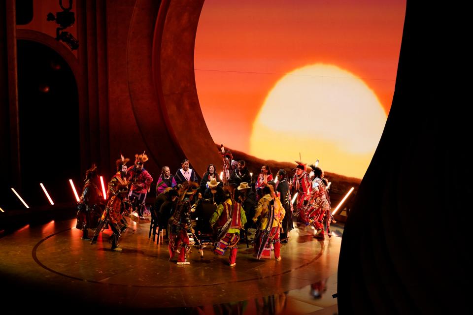 Scott George and the Osage Singers perform “Wahzhazhe (A Song For My People)” from “Killers of the Flower Moon” during the 96th Oscars ceremony on March 10, 2024.