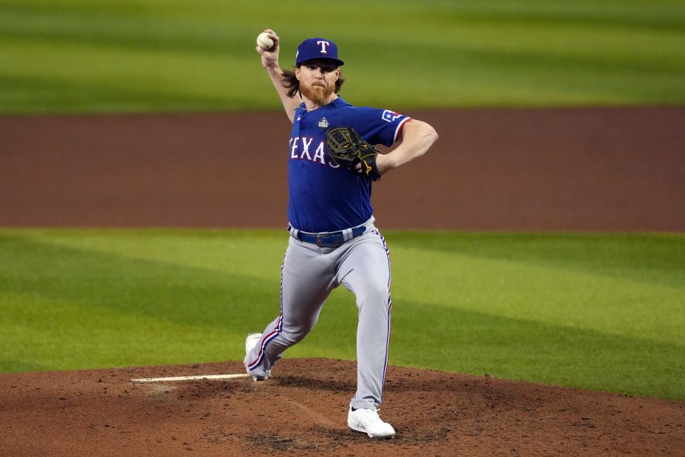 Rangers' Jon Gray relieves an injured Max Scherzer in the fourth inning of Game 3.