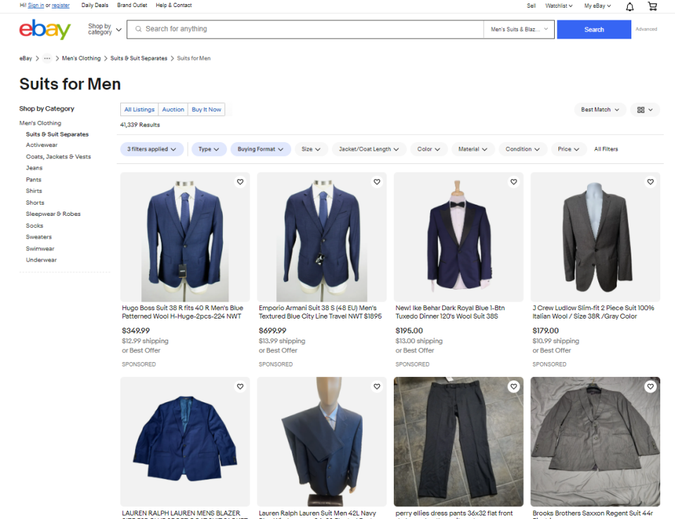 A screenshot from eBay shows plenty of affordable options when it comes to men's suits.