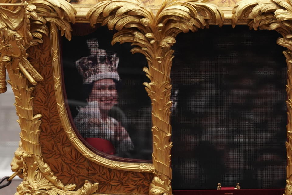 A hologram of Queen Elizabeth II was used in the Gold State Coach during the Platinum Jubilee. (AP)